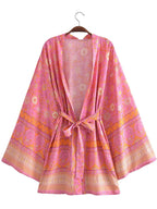 Boho Queens Vintage Pink Floral Print Rayon Cotton Women Bohemian Kimono Happie V Neck Batwing Sleeve Short Robe Bikini Cover-up