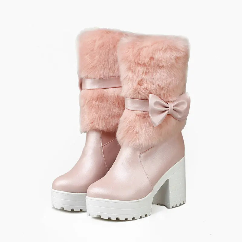 2024 Winter New High Heels Snow Boots Lolita Sweet Bow Women's Warm Snow Boots Girls Student Fluffy Kawaii Mid-calf Ladies Boots