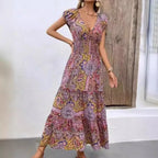 Summer New Women's Bohemian V-Neck Printed Elegant Fashion Slim Ventilate Minimalist Sleeveless All-match High Waist Dresses