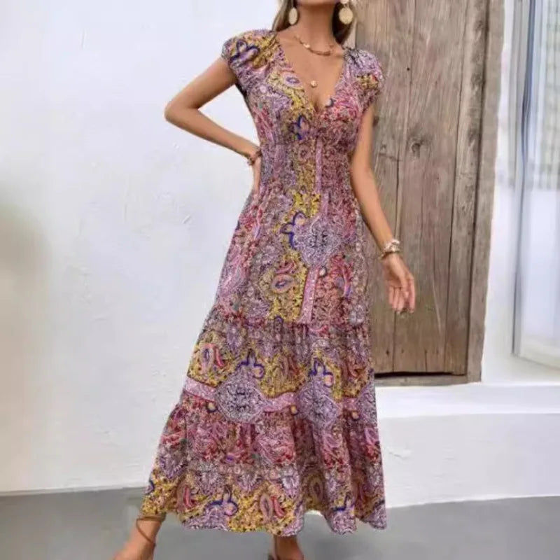 Summer New Women's Bohemian V-Neck Printed Elegant Fashion Slim Ventilate Minimalist Sleeveless All-match High Waist Dresses