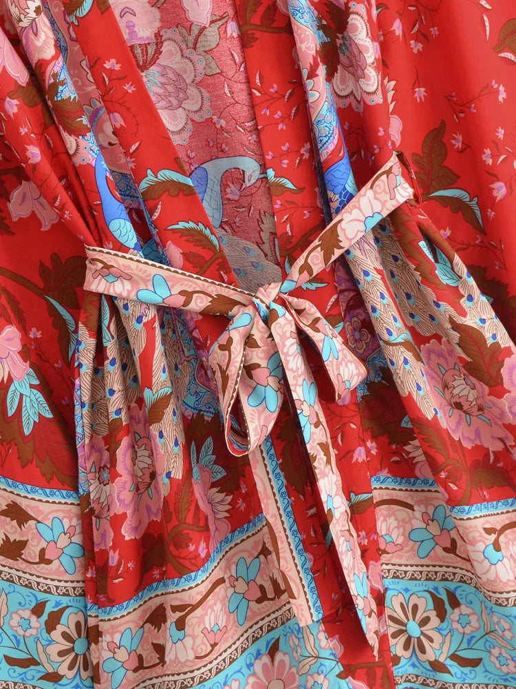 Vintage Peacock Floral Print Sashes Bohemian Kimono Women  V Neck Batwing Sleeves Happie Short Robe Boho Bikini Cover-ups