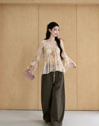Exue Floral Print Chiffon Shirt Women's Summer Lightweight Loose Fit Long Sleeve V-Neck Breathable Gentle Vintage Top