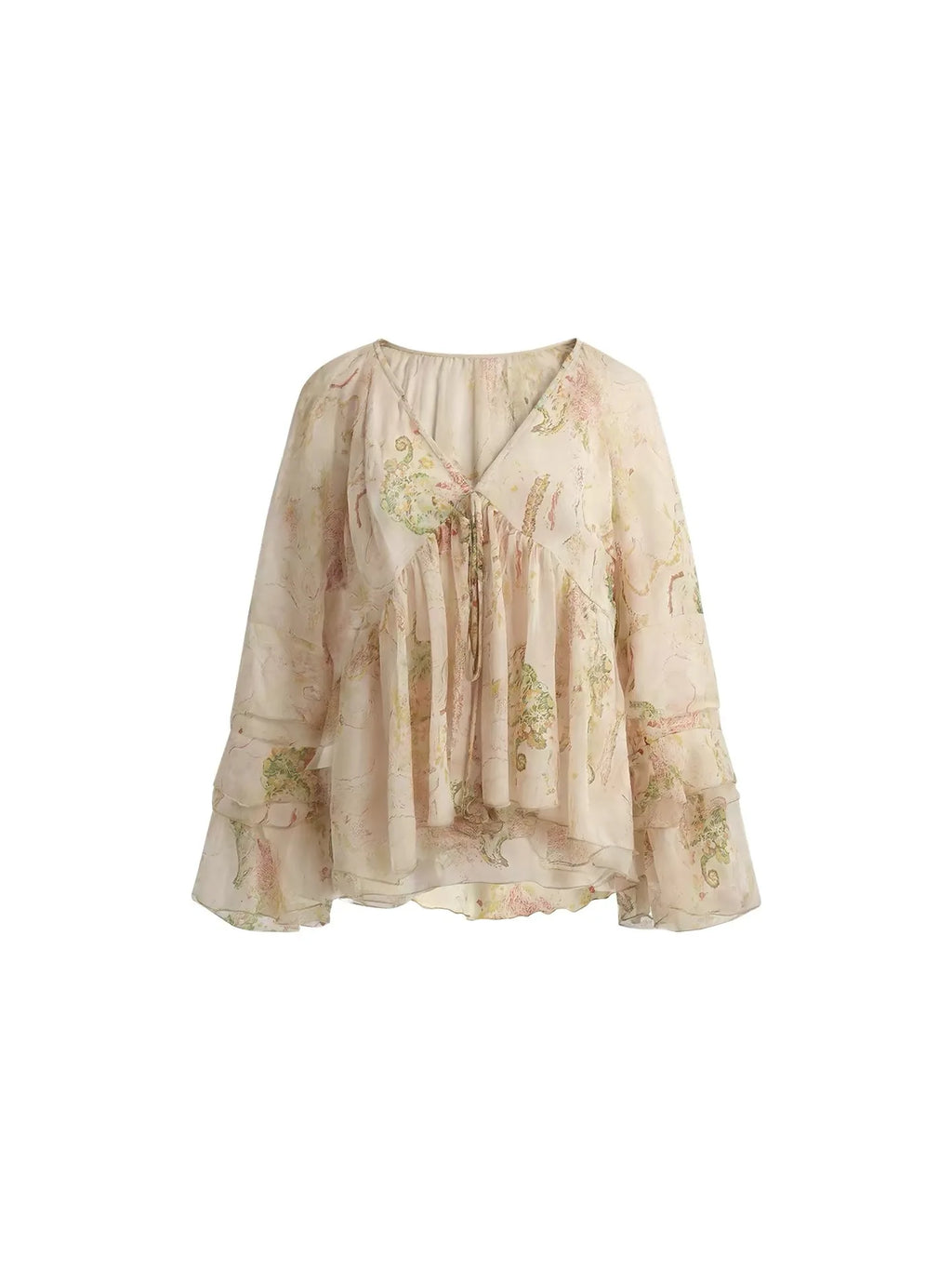 Exue Floral Print Chiffon Shirt Women's Summer Lightweight Loose Fit Long Sleeve V-Neck Breathable Gentle Vintage Top