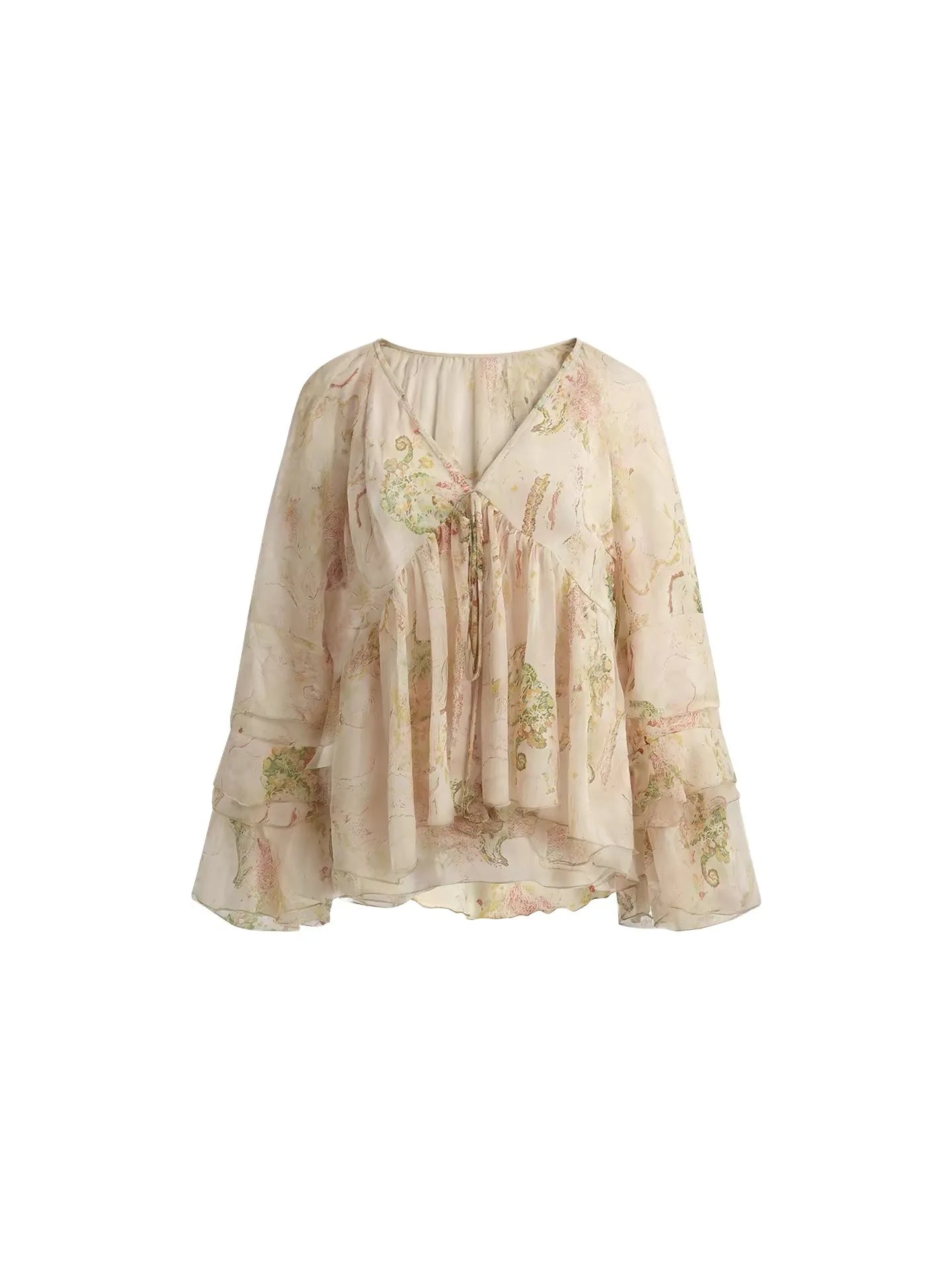 Exue Floral Print Chiffon Shirt Women's Summer Lightweight Loose Fit Long Sleeve V-Neck Breathable Gentle Vintage Top
