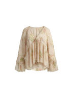 Exue Floral Print Chiffon Shirt Women's Summer Lightweight Loose Fit Long Sleeve V-Neck Breathable Gentle Vintage Top