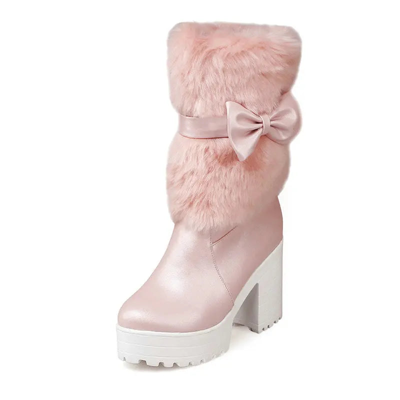 2024 Winter New High Heels Snow Boots Lolita Sweet Bow Women's Warm Snow Boots Girls Student Fluffy Kawaii Mid-calf Ladies Boots