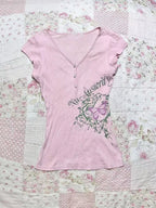 Pink T shirt Flower Women Clothing V Neck Kawaii Short Sleeve Summer Chic Harajuku Femme T shirts 90s Vintage Tee Y2k Crop Tops