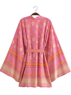 Boho Queens Vintage Pink Floral Print Rayon Cotton Women Bohemian Kimono Happie V Neck Batwing Sleeve Short Robe Bikini Cover-up