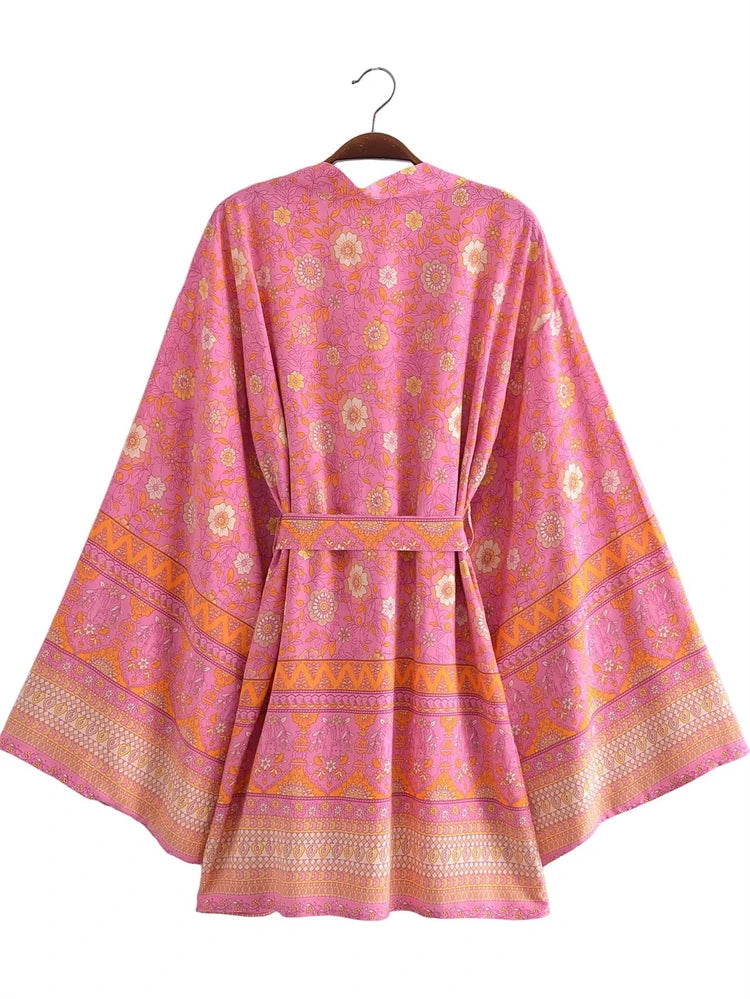 Boho Queens Vintage Pink Floral Print Rayon Cotton Women Bohemian Kimono Happie V Neck Batwing Sleeve Short Robe Bikini Cover-up