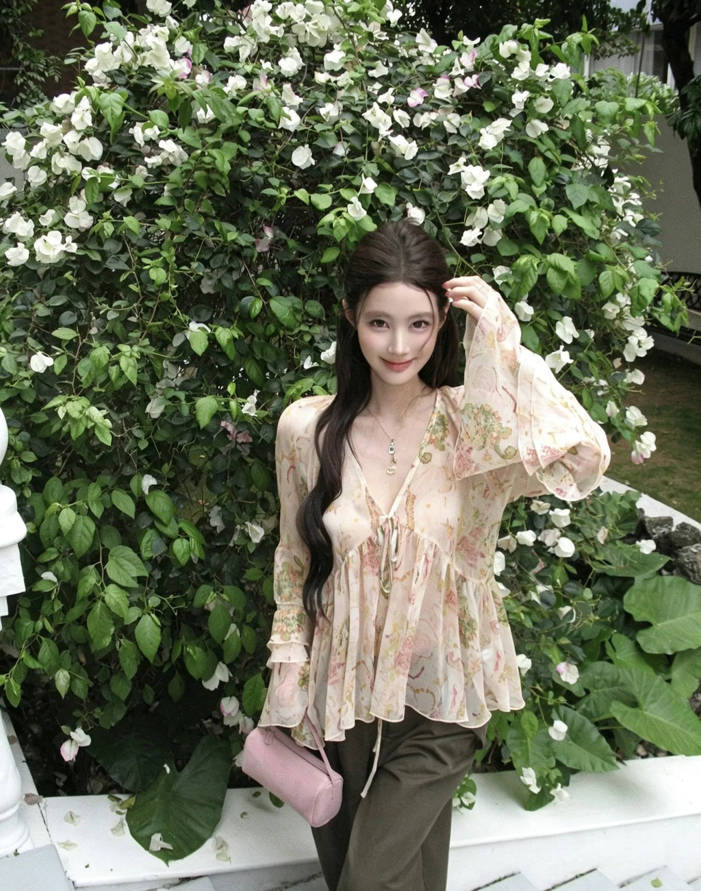 Exue Floral Print Chiffon Shirt Women's Summer Lightweight Loose Fit Long Sleeve V-Neck Breathable Gentle Vintage Top