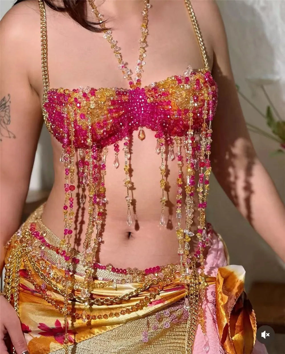 Women's New Beaded Fringed Body Chain Neck Top Trendy Chest Tops