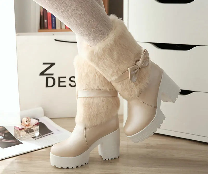 2024 Winter New High Heels Snow Boots Lolita Sweet Bow Women's Warm Snow Boots Girls Student Fluffy Kawaii Mid-calf Ladies Boots