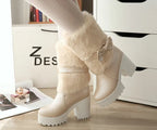 2024 Winter New High Heels Snow Boots Lolita Sweet Bow Women's Warm Snow Boots Girls Student Fluffy Kawaii Mid-calf Ladies Boots