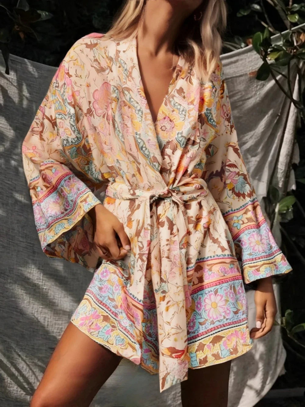 Vintage Peacock Floral Print Sashes Bohemian Kimono Women  V Neck Batwing Sleeves Happie Short Robe Boho Bikini Cover-ups