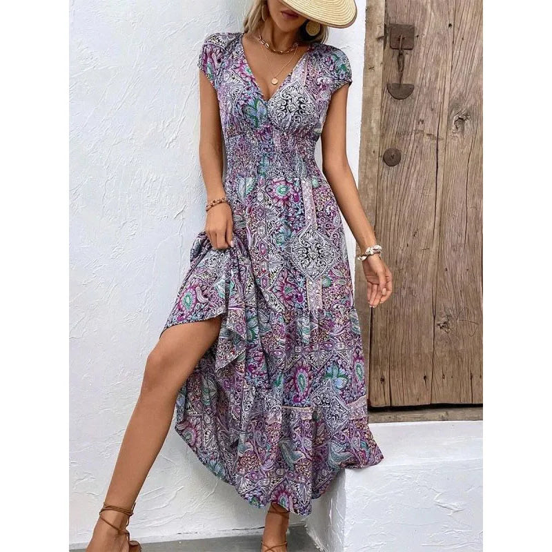 Summer New Women's Bohemian V-Neck Printed Elegant Fashion Slim Ventilate Minimalist Sleeveless All-match High Waist Dresses