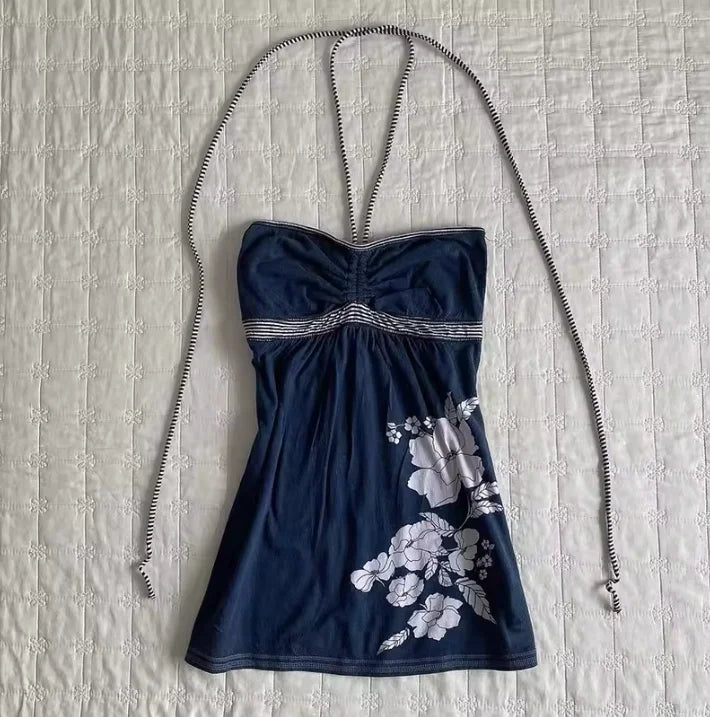 Fashion Y2K High Street Punk Classic Versatile Vests 2026 Summer New Floral Print Halter Lace-up Slim Tube Top Elegant Women Top