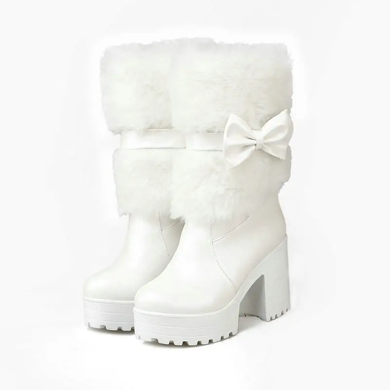2024 Winter New High Heels Snow Boots Lolita Sweet Bow Women's Warm Snow Boots Girls Student Fluffy Kawaii Mid-calf Ladies Boots