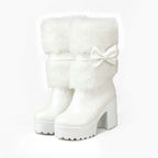 2024 Winter New High Heels Snow Boots Lolita Sweet Bow Women's Warm Snow Boots Girls Student Fluffy Kawaii Mid-calf Ladies Boots