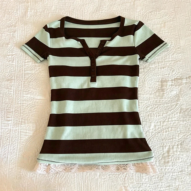 Harajuku Y2K Women's Striped Crop Top Sexy Slim Fit Casual V-Neck Short-Sleeve Shirt Spring Summer Floral Print Gyaru Streetwear