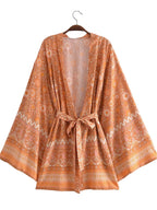 Boho Queens Vintage Pink Floral Print Rayon Cotton Women Bohemian Kimono Happie V Neck Batwing Sleeve Short Robe Bikini Cover-up