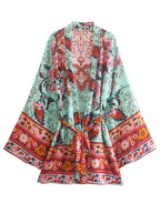Vintage Peacock Floral Print Sashes Bohemian Kimono Women  V Neck Batwing Sleeves Happie Short Robe Boho Bikini Cover-ups