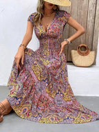 Summer New Women's Bohemian V-Neck Printed Elegant Fashion Slim Ventilate Minimalist Sleeveless All-match High Waist Dresses
