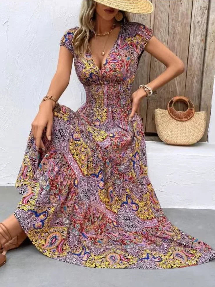 Summer New Women's Bohemian V-Neck Printed Elegant Fashion Slim Ventilate Minimalist Sleeveless All-match High Waist Dresses