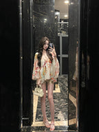 French Style Loose Fit Diamond Embellished Bell Sleeve Shirt Women's V-Neck Spring Early Spring Sexy Pure Desire Top