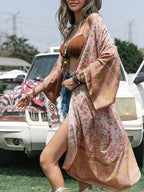 Boho Queens Women Pink Floral Print Bohemian Kimono Beach Robe Lady Batwing Sleeves Rayon Vacation Boho Bikini Cover-ups