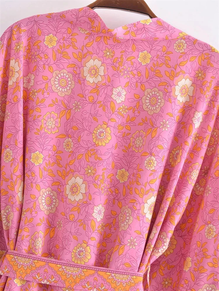 Boho Queens Vintage Pink Floral Print Rayon Cotton Women Bohemian Kimono Happie V Neck Batwing Sleeve Short Robe Bikini Cover-up