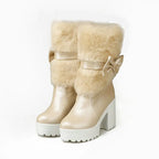 2024 Winter New High Heels Snow Boots Lolita Sweet Bow Women's Warm Snow Boots Girls Student Fluffy Kawaii Mid-calf Ladies Boots