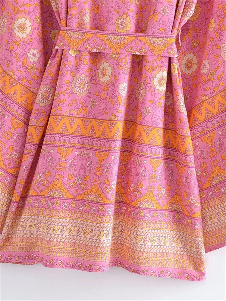 Boho Queens Vintage Pink Floral Print Rayon Cotton Women Bohemian Kimono Happie V Neck Batwing Sleeve Short Robe Bikini Cover-up