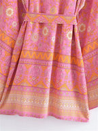Boho Queens Vintage Pink Floral Print Rayon Cotton Women Bohemian Kimono Happie V Neck Batwing Sleeve Short Robe Bikini Cover-up