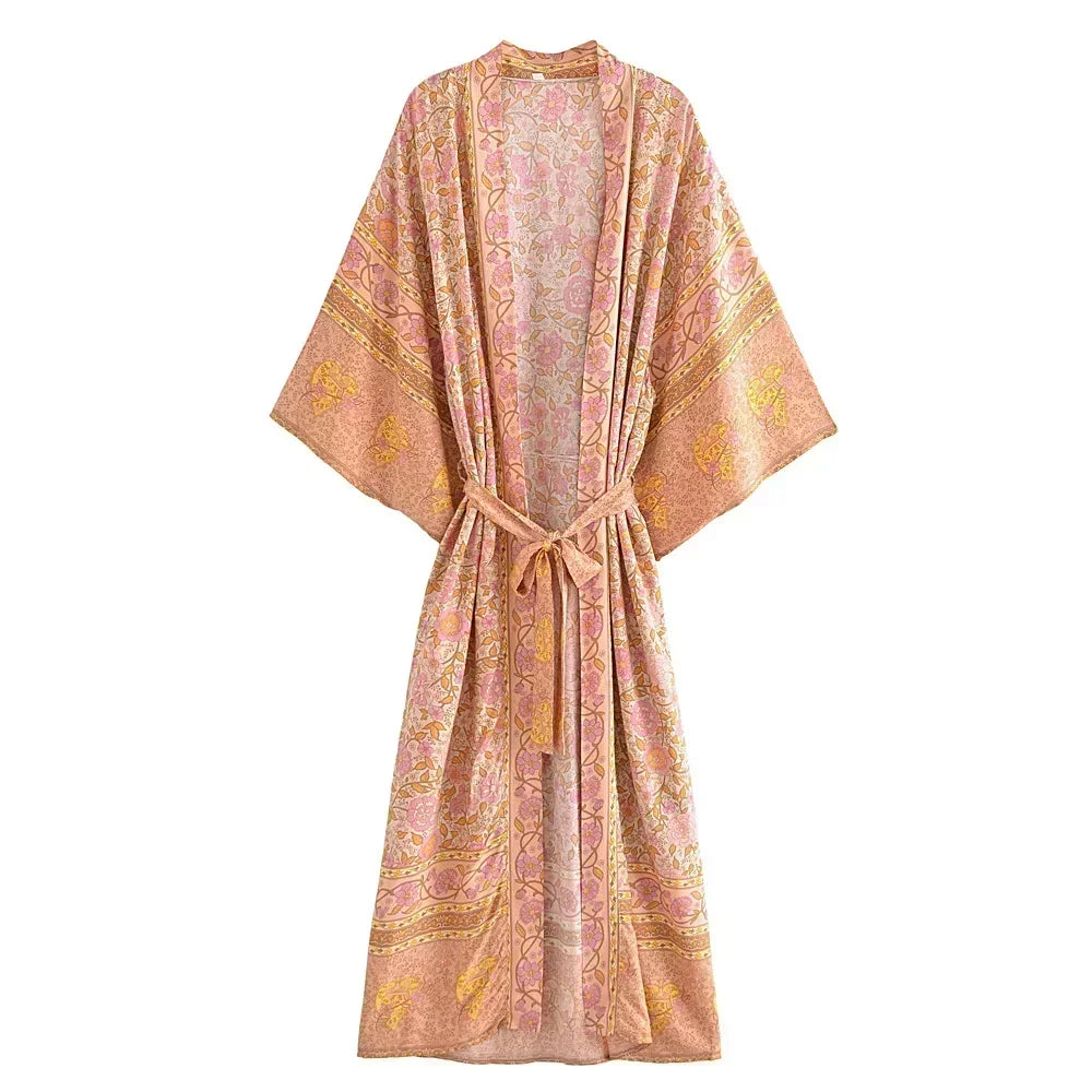 Boho Queens Women Pink Floral Print Bohemian Kimono Beach Robe Lady Batwing Sleeves Rayon Vacation Boho Bikini Cover-ups