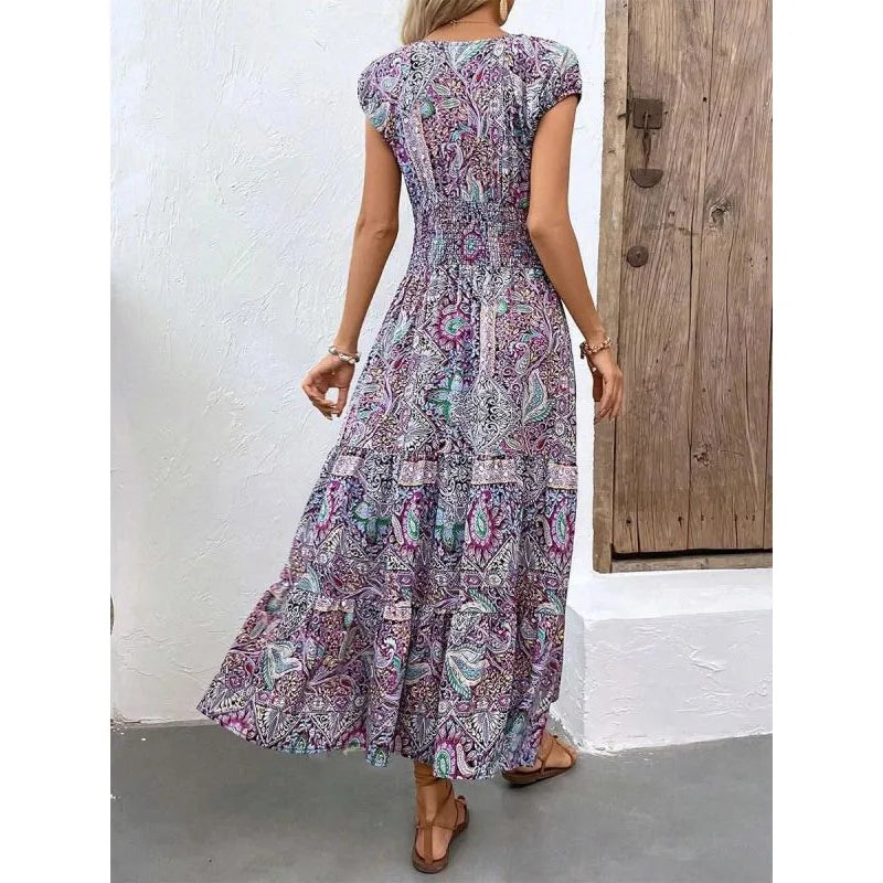 Summer New Women's Bohemian V-Neck Printed Elegant Fashion Slim Ventilate Minimalist Sleeveless All-match High Waist Dresses
