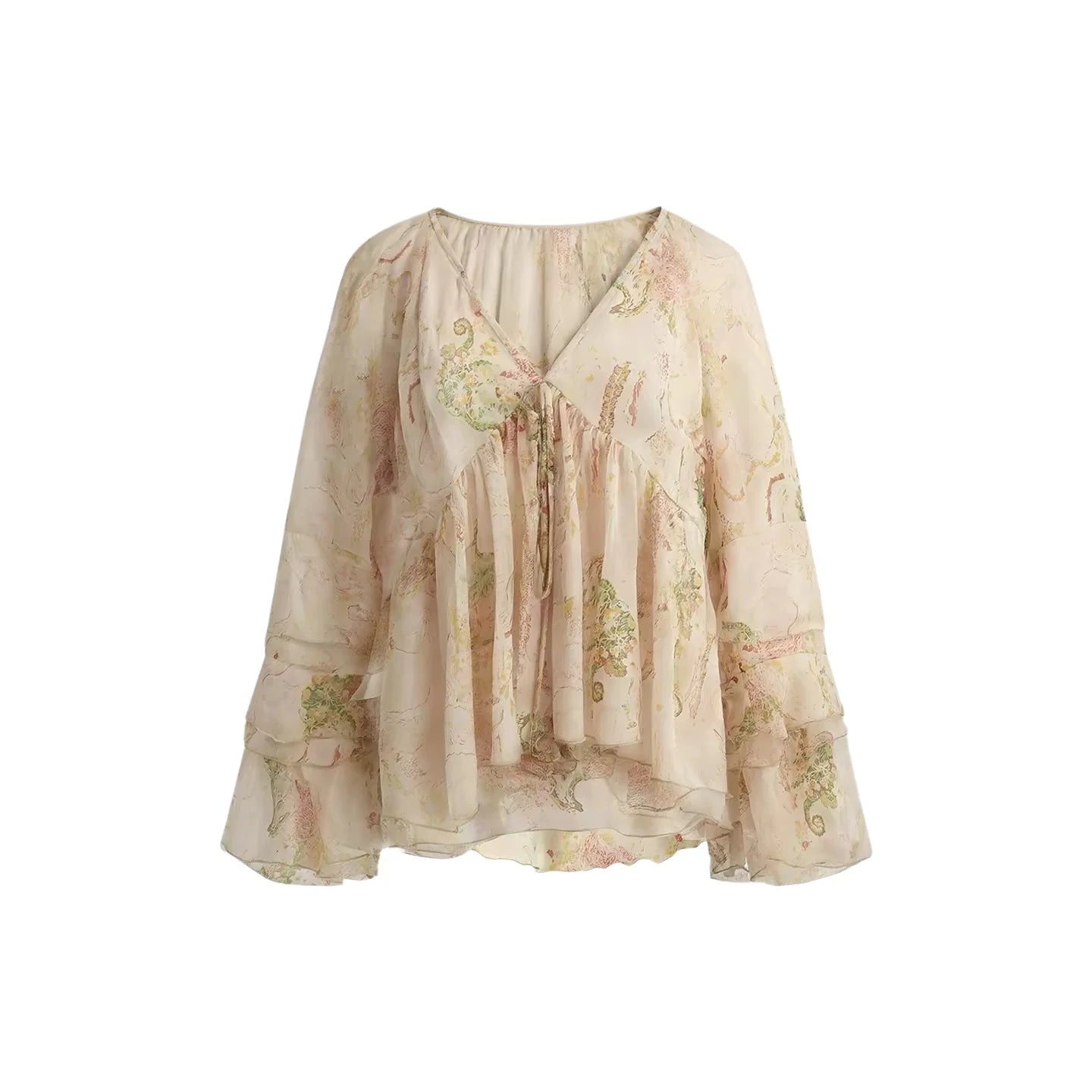Exue Floral Print Chiffon Shirt Women's Summer Lightweight Loose Fit Long Sleeve V-Neck Breathable Gentle Vintage Top