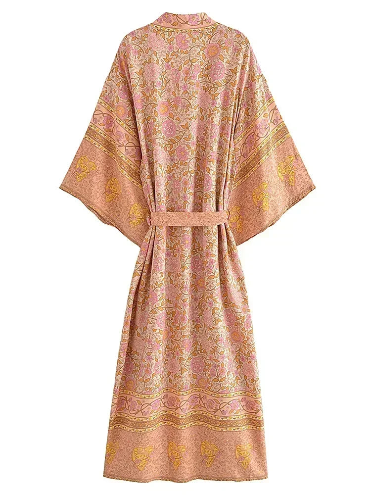 Boho Queens Women Pink Floral Print Bohemian Kimono Beach Robe Lady Batwing Sleeves Rayon Vacation Boho Bikini Cover-ups