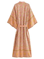 Boho Queens Women Pink Floral Print Bohemian Kimono Beach Robe Lady Batwing Sleeves Rayon Vacation Boho Bikini Cover-ups
