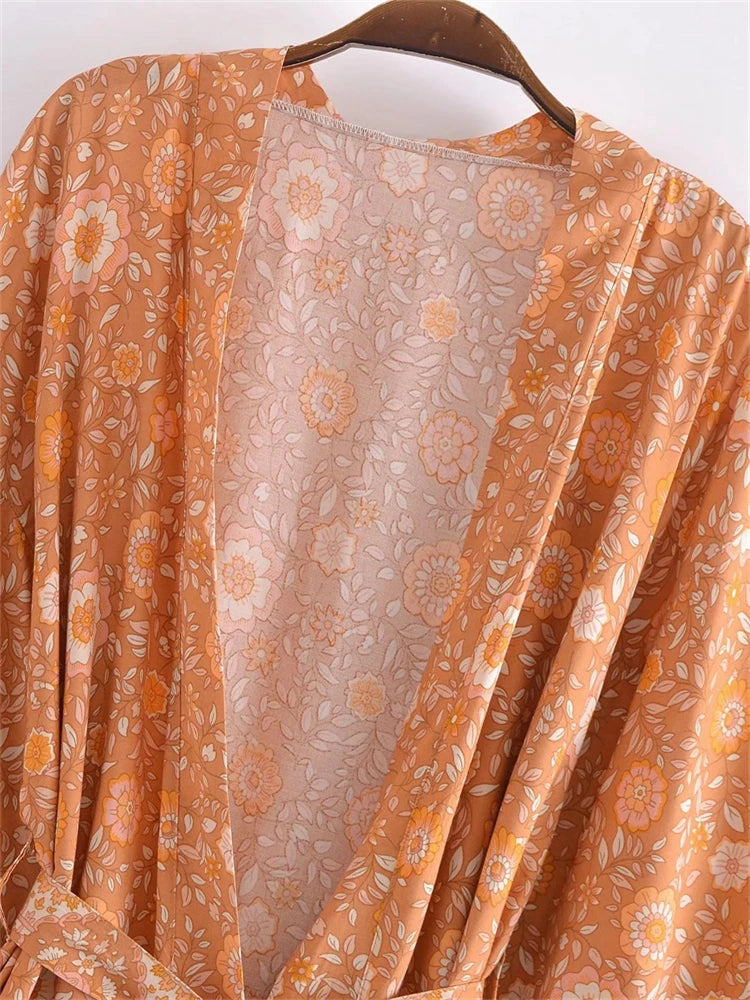 Boho Queens Vintage Pink Floral Print Rayon Cotton Women Bohemian Kimono Happie V Neck Batwing Sleeve Short Robe Bikini Cover-up