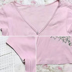 Pink T shirt Flower Women Clothing V Neck Kawaii Short Sleeve Summer Chic Harajuku Femme T shirts 90s Vintage Tee Y2k Crop Tops