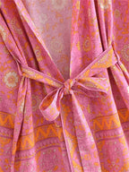 Boho Queens Vintage Pink Floral Print Rayon Cotton Women Bohemian Kimono Happie V Neck Batwing Sleeve Short Robe Bikini Cover-up