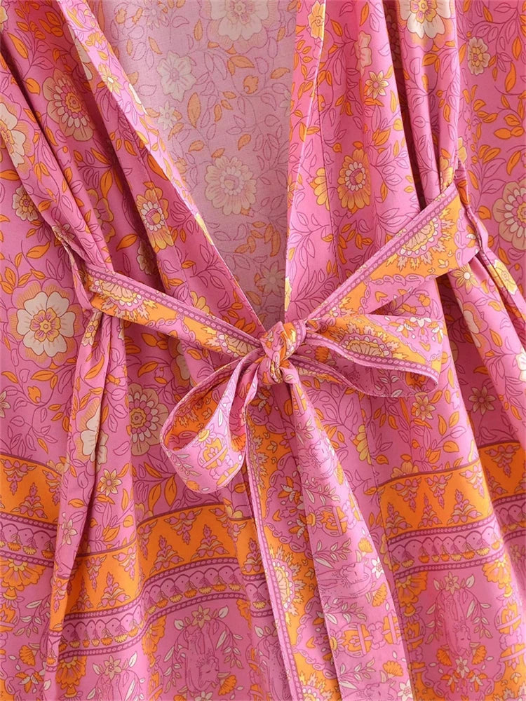 Boho Queens Vintage Pink Floral Print Rayon Cotton Women Bohemian Kimono Happie V Neck Batwing Sleeve Short Robe Bikini Cover-up