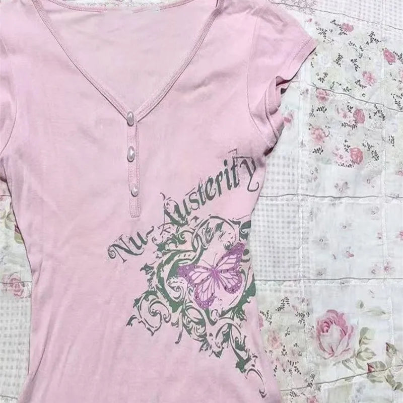 Pink T shirt Flower Women Clothing V Neck Kawaii Short Sleeve Summer Chic Harajuku Femme T shirts 90s Vintage Tee Y2k Crop Tops