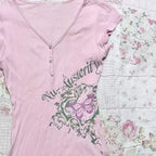Pink T shirt Flower Women Clothing V Neck Kawaii Short Sleeve Summer Chic Harajuku Femme T shirts 90s Vintage Tee Y2k Crop Tops