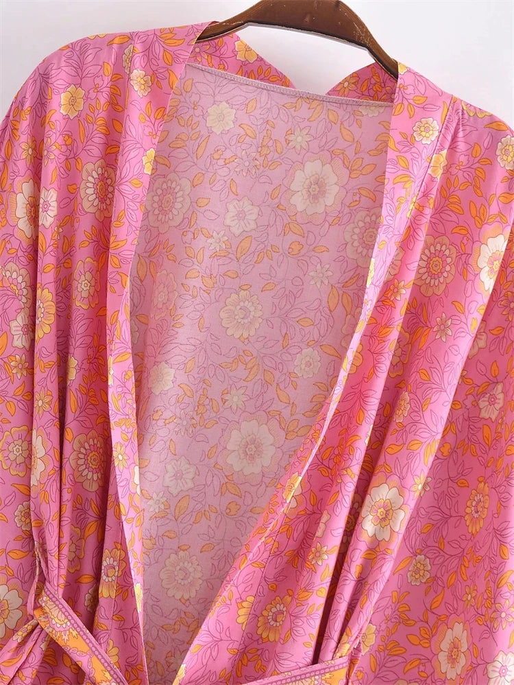 Boho Queens Vintage Pink Floral Print Rayon Cotton Women Bohemian Kimono Happie V Neck Batwing Sleeve Short Robe Bikini Cover-up