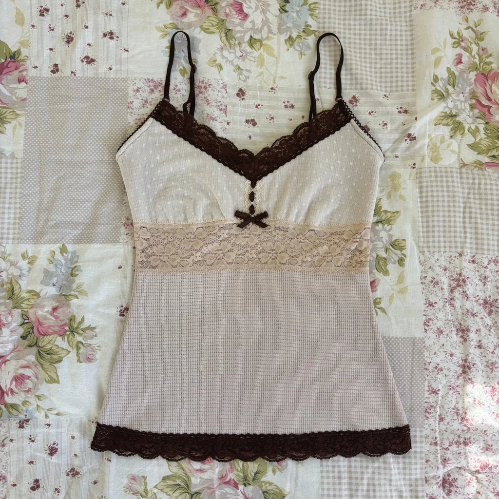 Women Summer Kawaii Lace Trim Patchwork Tanks Tops Fairycore Grunge Aesthetic Sleeveless Spaghetti Strap Slim Vacation Vests