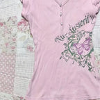 Pink T shirt Flower Women Clothing V Neck Kawaii Short Sleeve Summer Chic Harajuku Femme T shirts 90s Vintage Tee Y2k Crop Tops