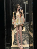French Style Loose Fit Diamond Embellished Bell Sleeve Shirt Women's V-Neck Spring Early Spring Sexy Pure Desire Top