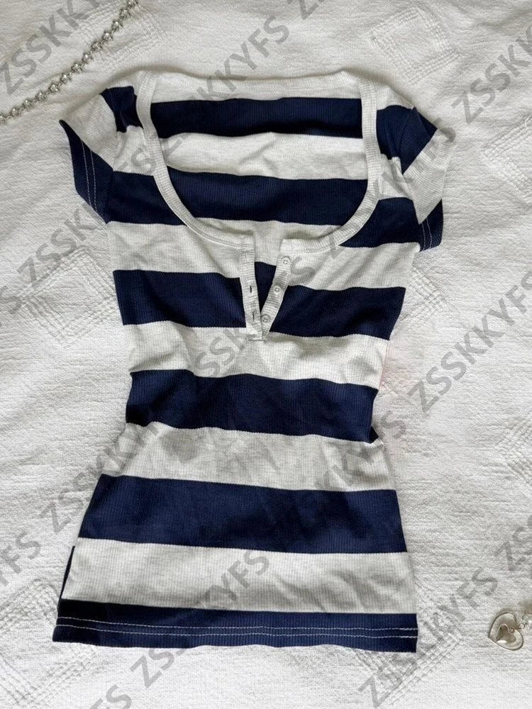 Vintage Fashion Blue Stripe Hot Girl Tshirts Y2k 2000s Female Clothing Summer Short sleeved Button V-neck T shirts Himekaji Tees
