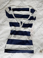 Vintage Fashion Blue Stripe Hot Girl Tshirts Y2k 2000s Female Clothing Summer Short sleeved Button V-neck T shirts Himekaji Tees